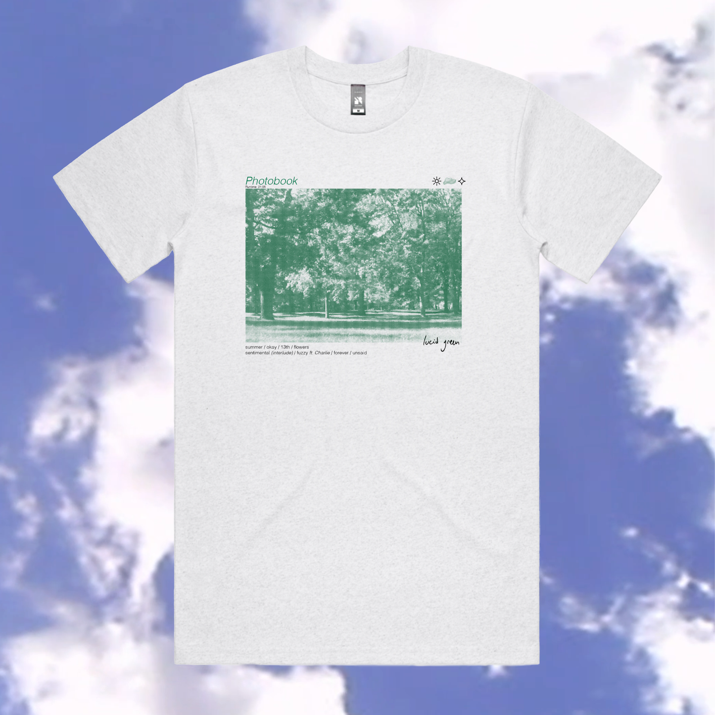 Light-Grey T-shirt, with a Green screen-printed picture of trees in the centre.